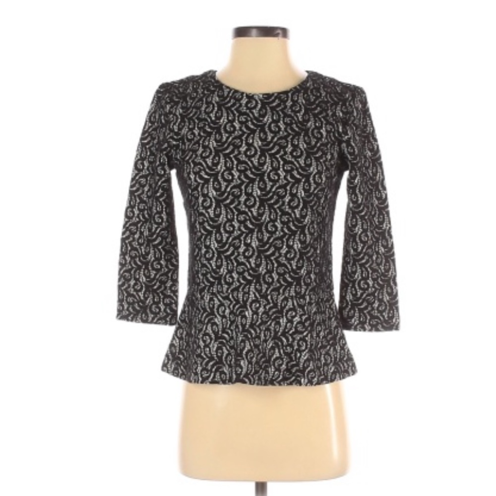 J. Crew Blouse Lace 3/4 length sleeves. Fitted. Black & White. Size XS.